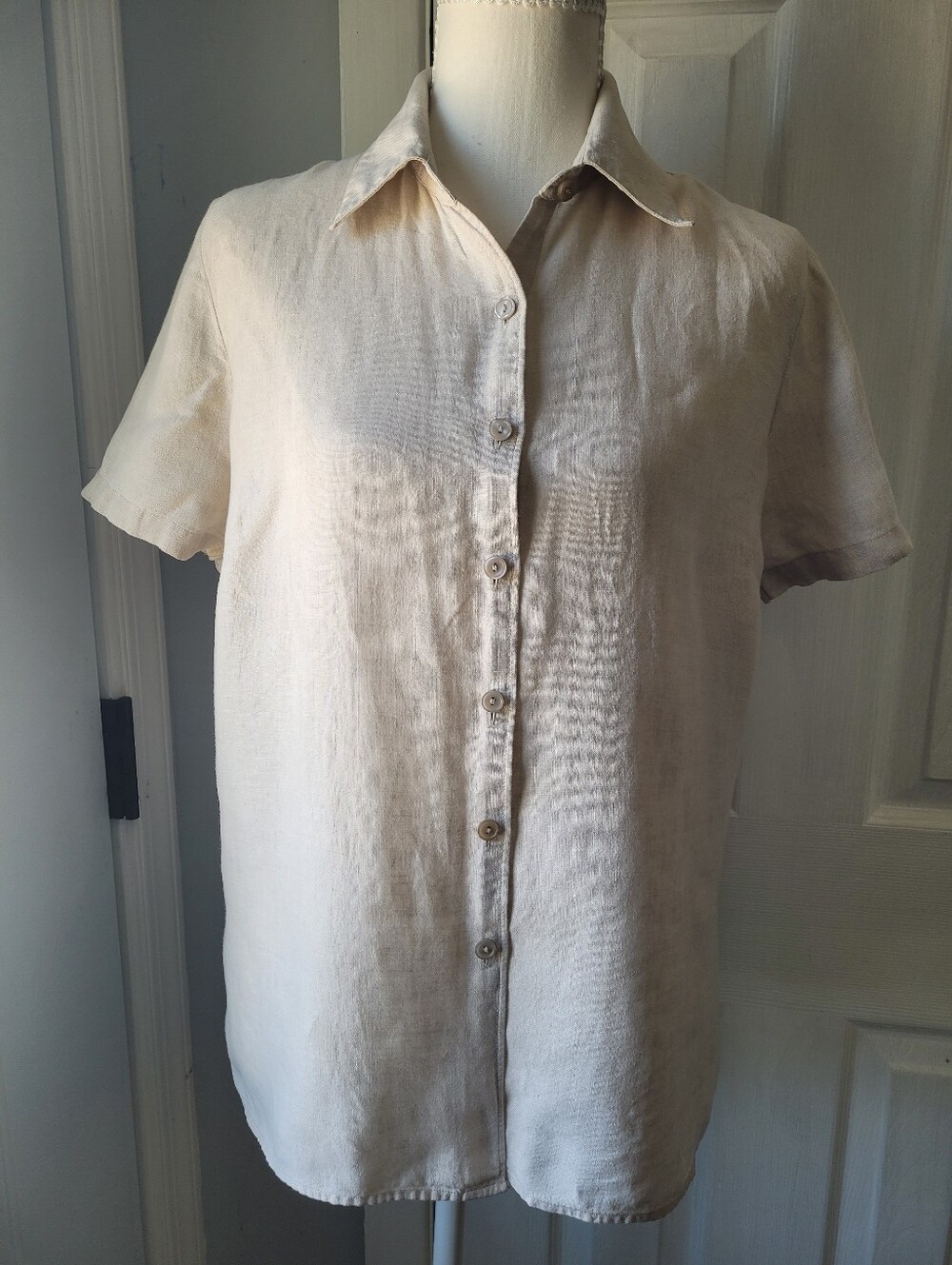 L.L.Bean 100% Linen Shirt XS Natural Beige Short Sleeve Button Front